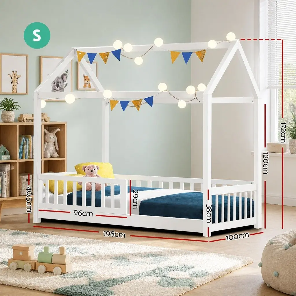 Kids House Bed Frame White Wooden Single Bedroom Furniture Pine Wood