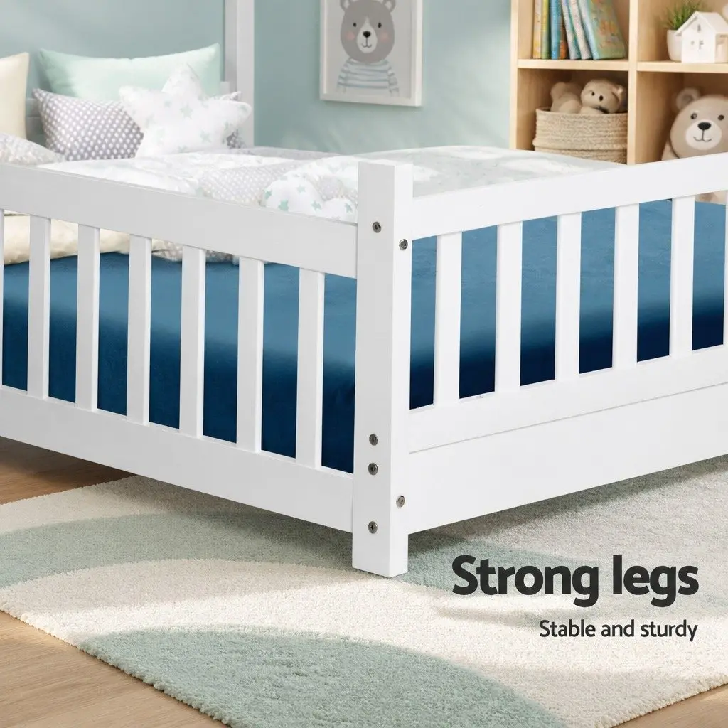 Kids House Bed Frame White Wooden Single Bedroom Furniture Pine Wood