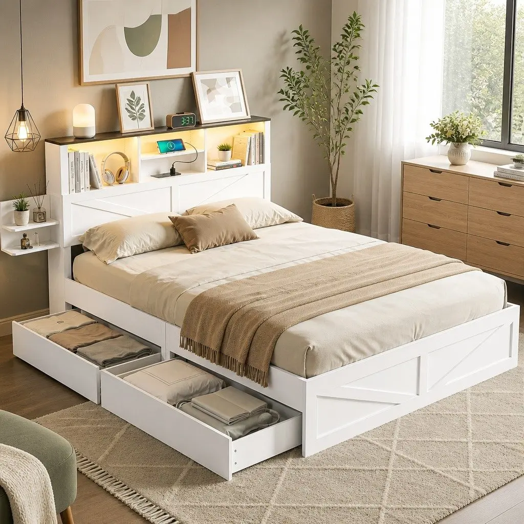 Double Bed Frame with Storage Drawers for Bedroom with Bookcase Headboard Charging Station LED 142cm W x 206cm L x 113cm H