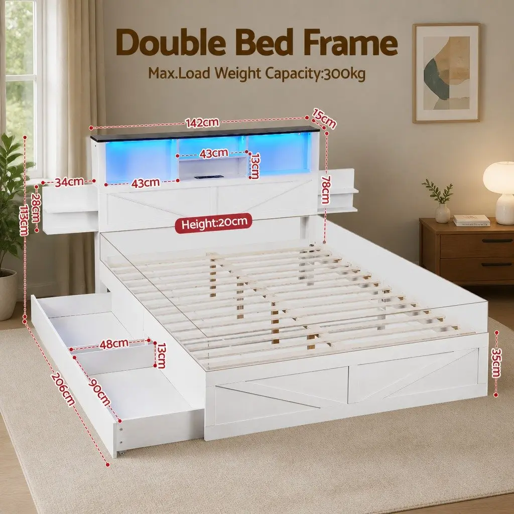 Double Bed Frame with Storage Drawers for Bedroom with Bookcase Headboard Charging Station LED 142cm W x 206cm L x 113cm H