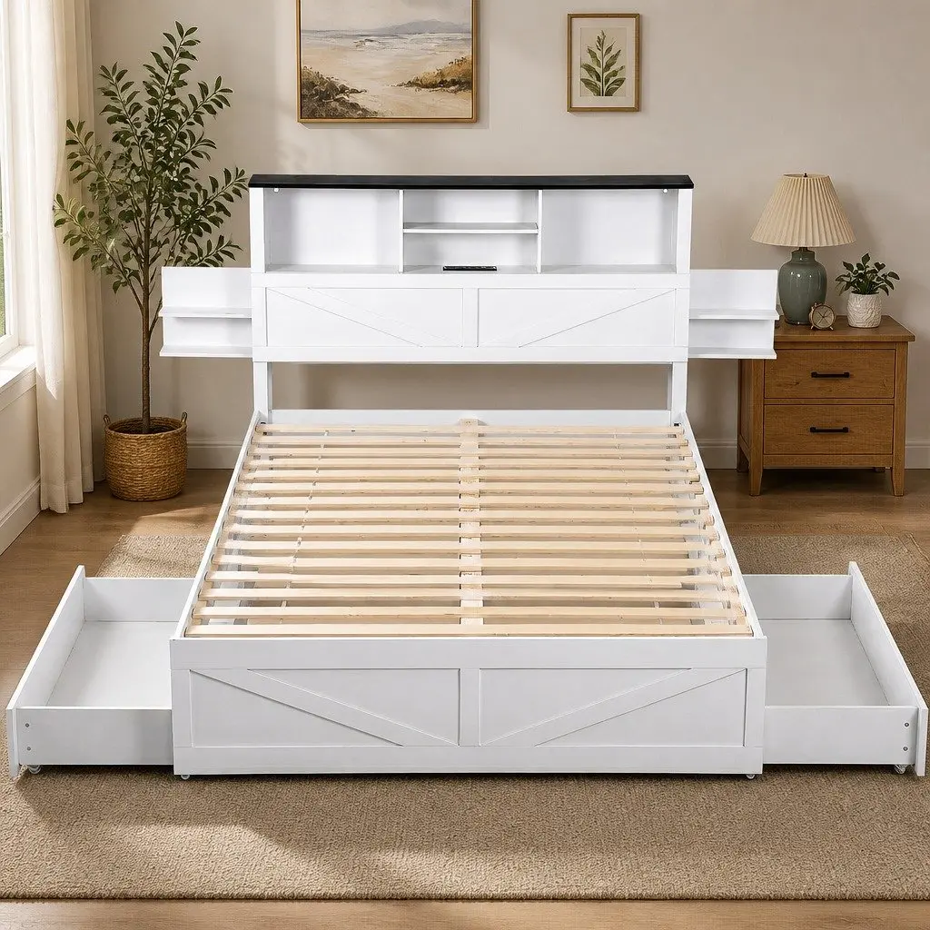 Double Bed Frame with Storage Drawers for Bedroom with Bookcase Headboard Charging Station LED 142cm W x 206cm L x 113cm H