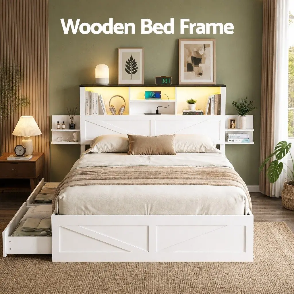 Double Bed Frame with Storage Drawers for Bedroom with Bookcase Headboard Charging Station LED 142cm W x 206cm L x 113cm H