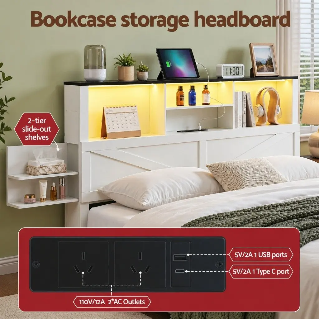 Double Bed Frame with Storage Drawers for Bedroom with Bookcase Headboard Charging Station LED 142cm W x 206cm L x 113cm H