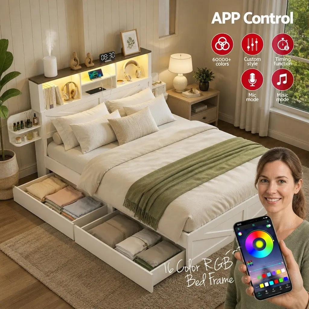 Double Bed Frame with Storage Drawers for Bedroom with Bookcase Headboard Charging Station LED 142cm W x 206cm L x 113cm H