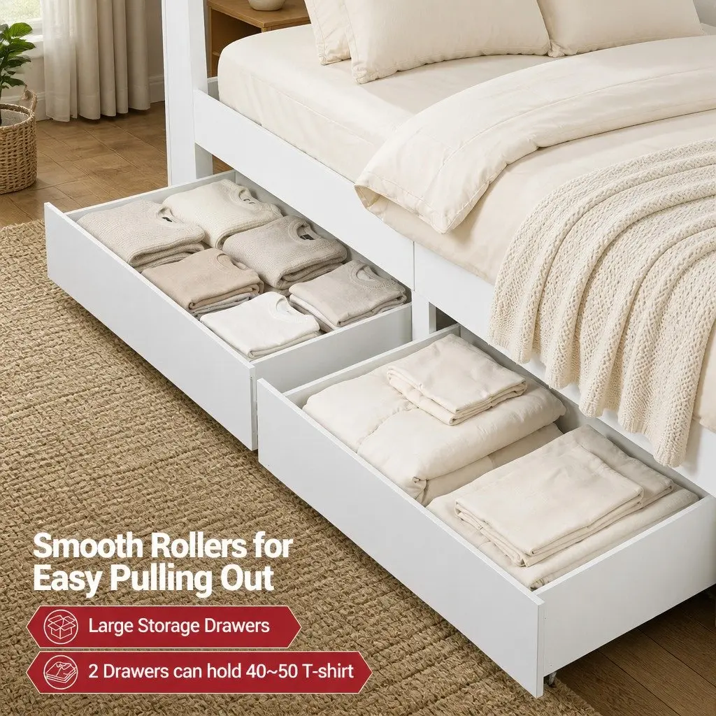 Double Bed Frame with Storage Drawers for Bedroom with Bookcase Headboard Charging Station LED 142cm W x 206cm L x 113cm H
