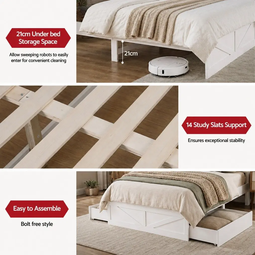 Double Bed Frame with Storage Drawers for Bedroom with Bookcase Headboard Charging Station LED 142cm W x 206cm L x 113cm H