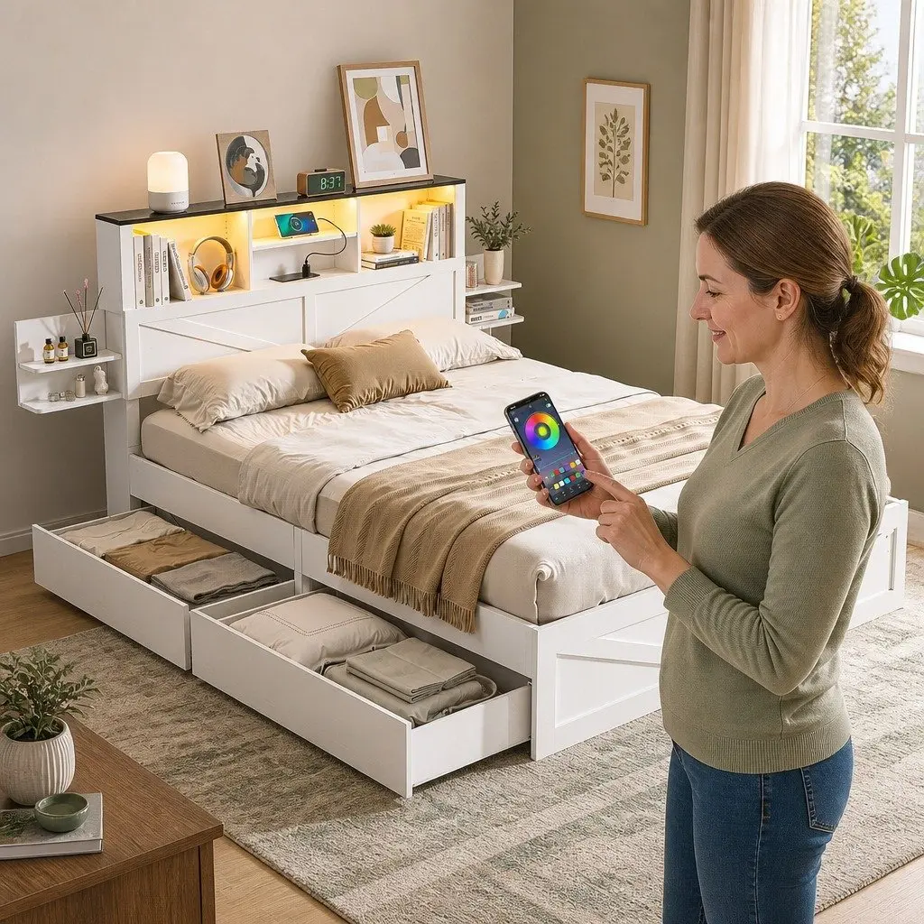 Double Bed Frame with Storage Drawers for Bedroom with Bookcase Headboard Charging Station LED 142cm W x 206cm L x 113cm H