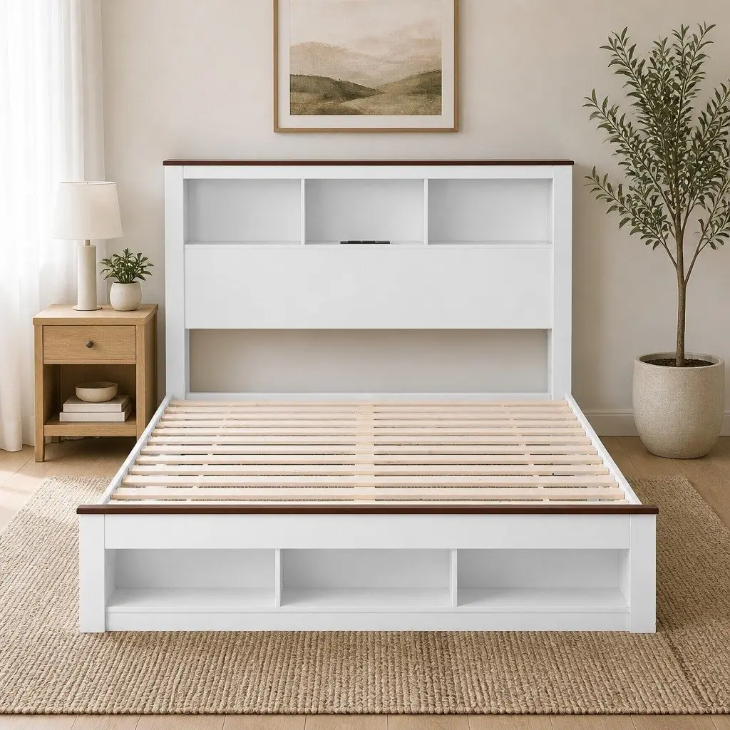 Double Bed Frame with Storage Bookcase Headboard Footboard Charging Station LED