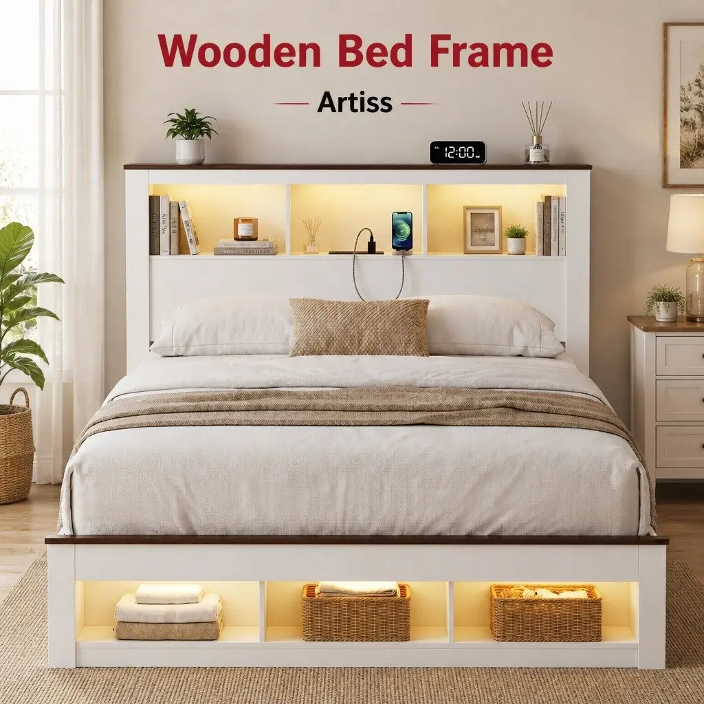 Double Bed Frame with Storage Bookcase Headboard Footboard Charging Station LED