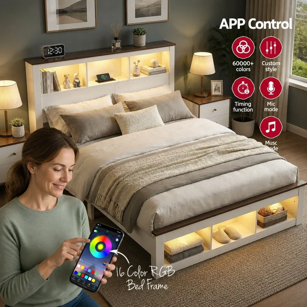 Double Bed Frame with Storage Bookcase Headboard Footboard Charging Station LED