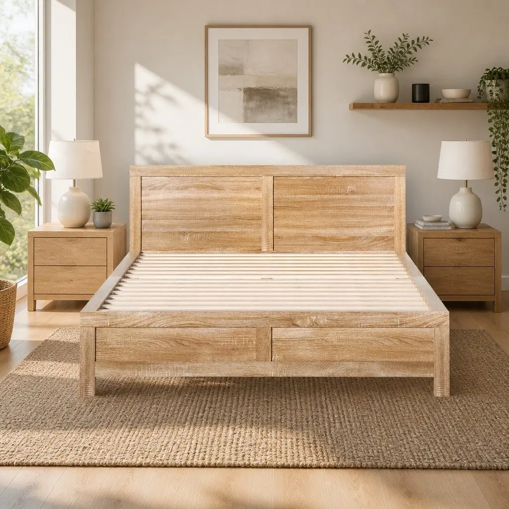 Double Bed Frame Wooden Slats Support Legs Headboard Modern Bedroom Furniture