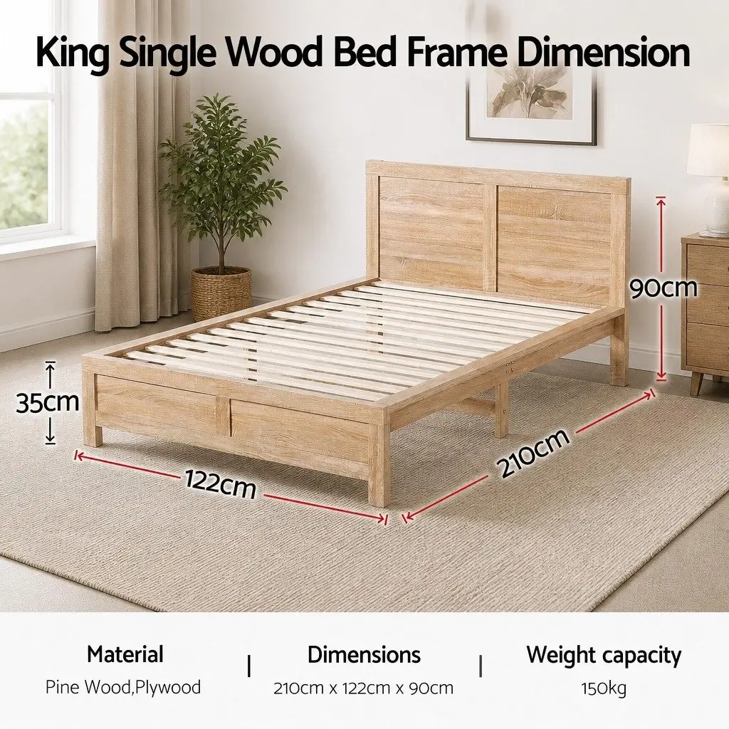 King Single Bed Frame Wooden Base Bedroom Furniture 122cm W x 210cm L x 90cm H