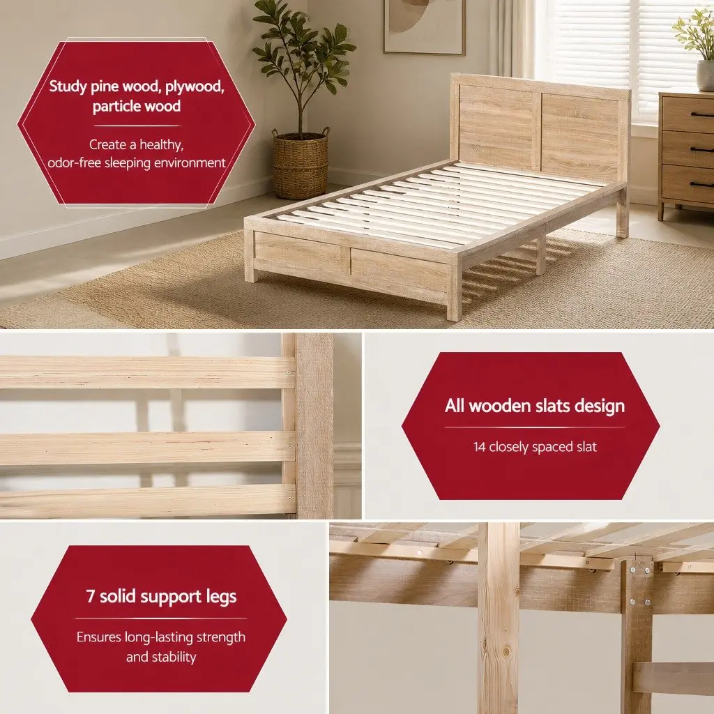 King Single Bed Frame Wooden Base Bedroom Furniture 122cm W x 210cm L x 90cm H