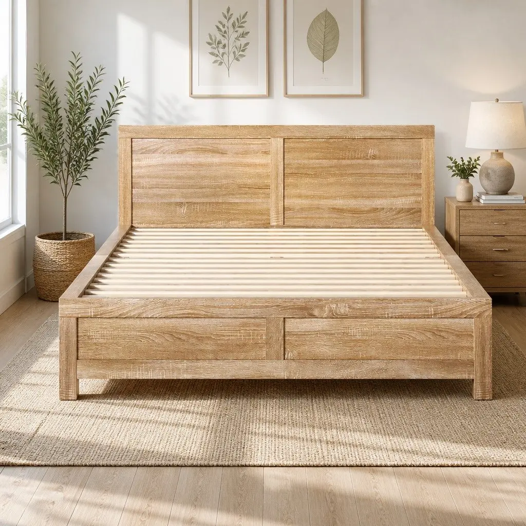 Queen Size Wooden Bed Frame with Headboard Modern Bedroom Furniture Solid Pine