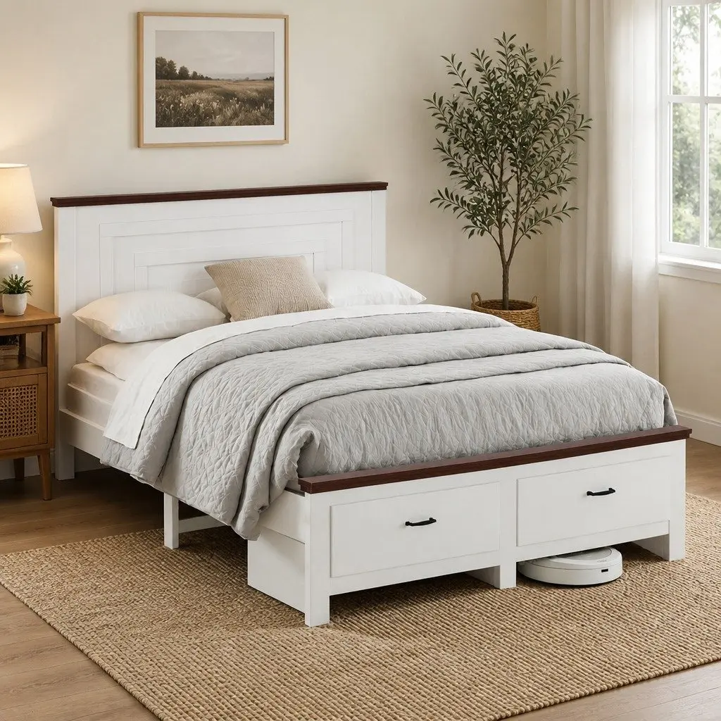 Double Bed Frame with Headboard Storage Drawers White Wooden Platform Bedroom