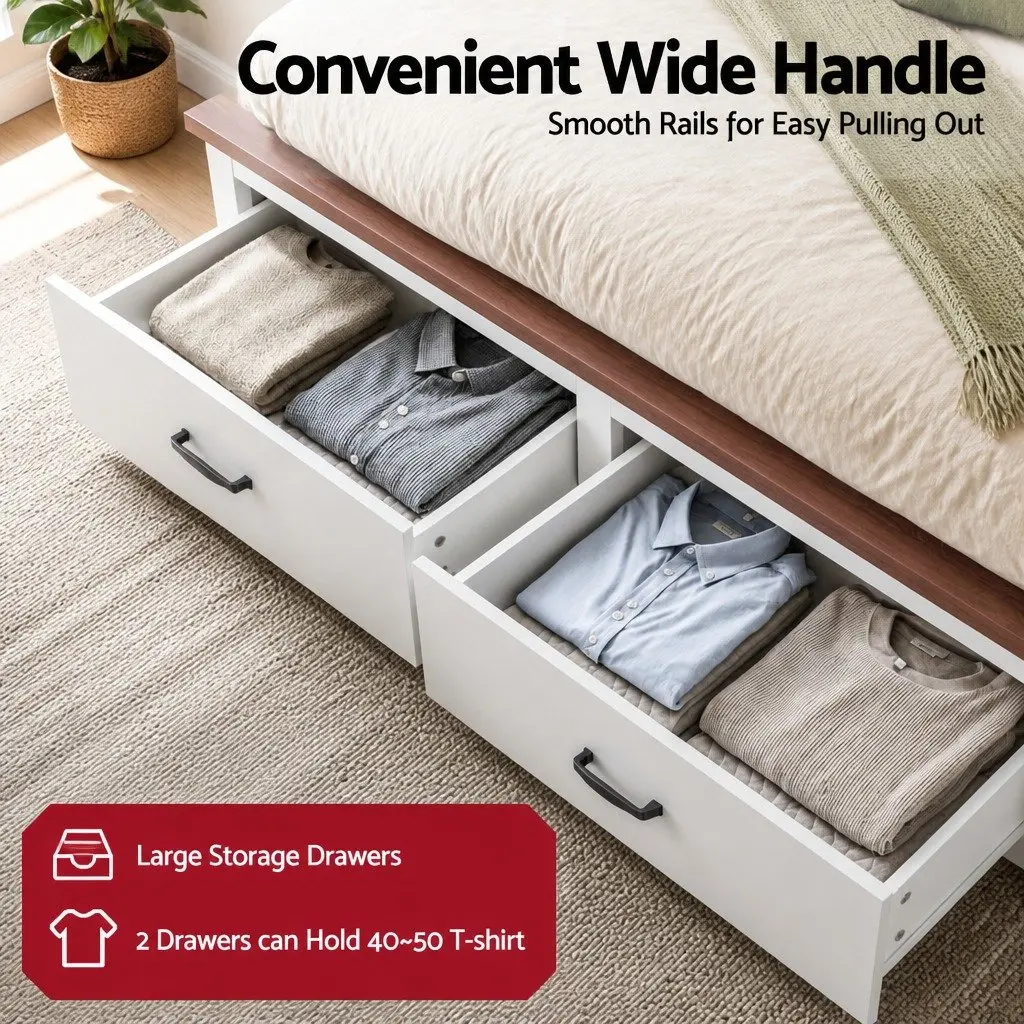 Double Bed Frame with Headboard Storage Drawers White Wooden Platform Bedroom