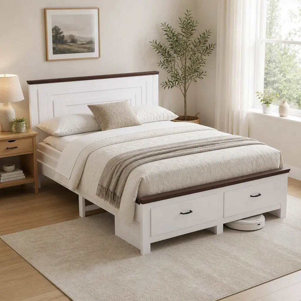 Queen Wooden Bed Frame for Bedroom with 108cm Headboard and 2 Storage Drawers