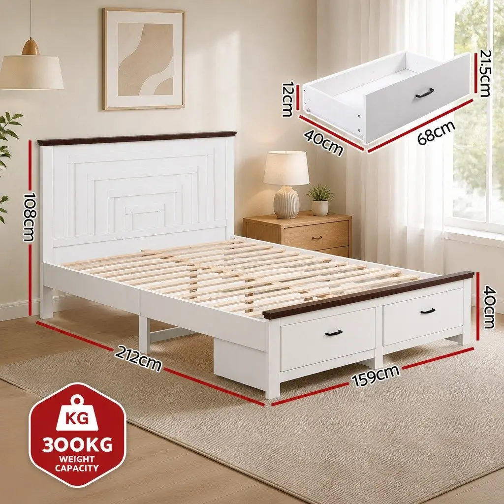 Queen Wooden Bed Frame for Bedroom with 108cm Headboard and 2 Storage Drawers