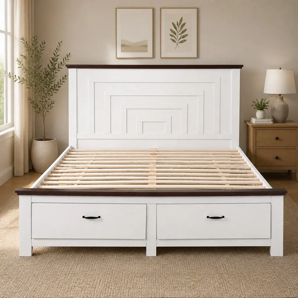 Queen Wooden Bed Frame for Bedroom with 108cm Headboard and 2 Storage Drawers