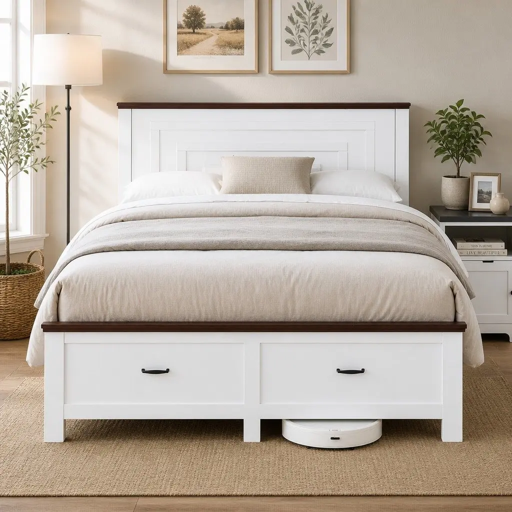Queen Wooden Bed Frame for Bedroom with 108cm Headboard and 2 Storage Drawers
