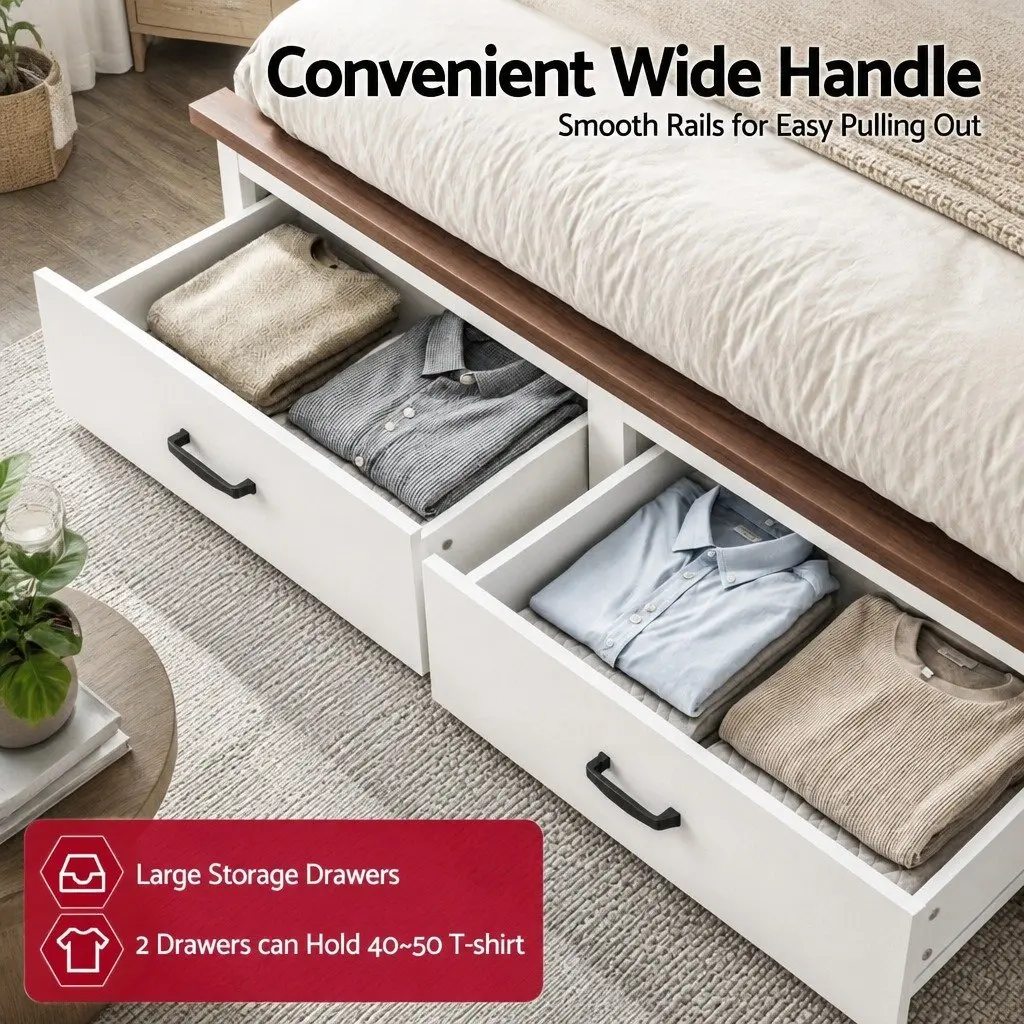 Queen Wooden Bed Frame for Bedroom with 108cm Headboard and 2 Storage Drawers