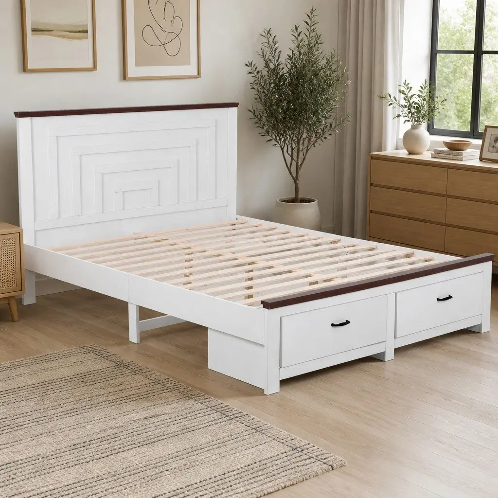 Queen Wooden Bed Frame for Bedroom with 108cm Headboard and 2 Storage Drawers