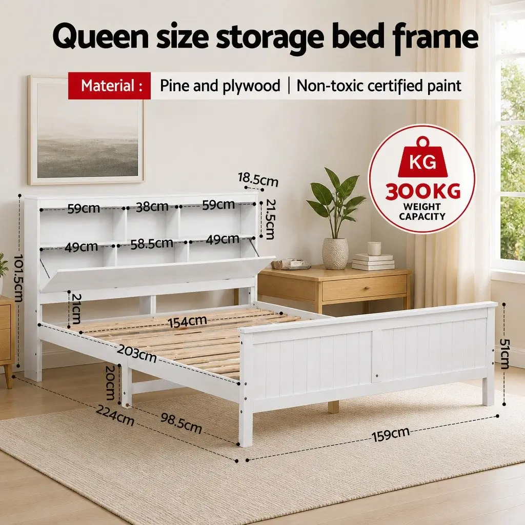 Queen Bed Frame for Bedroom with Storage Headboard and Footboard Wooden Bed Base White