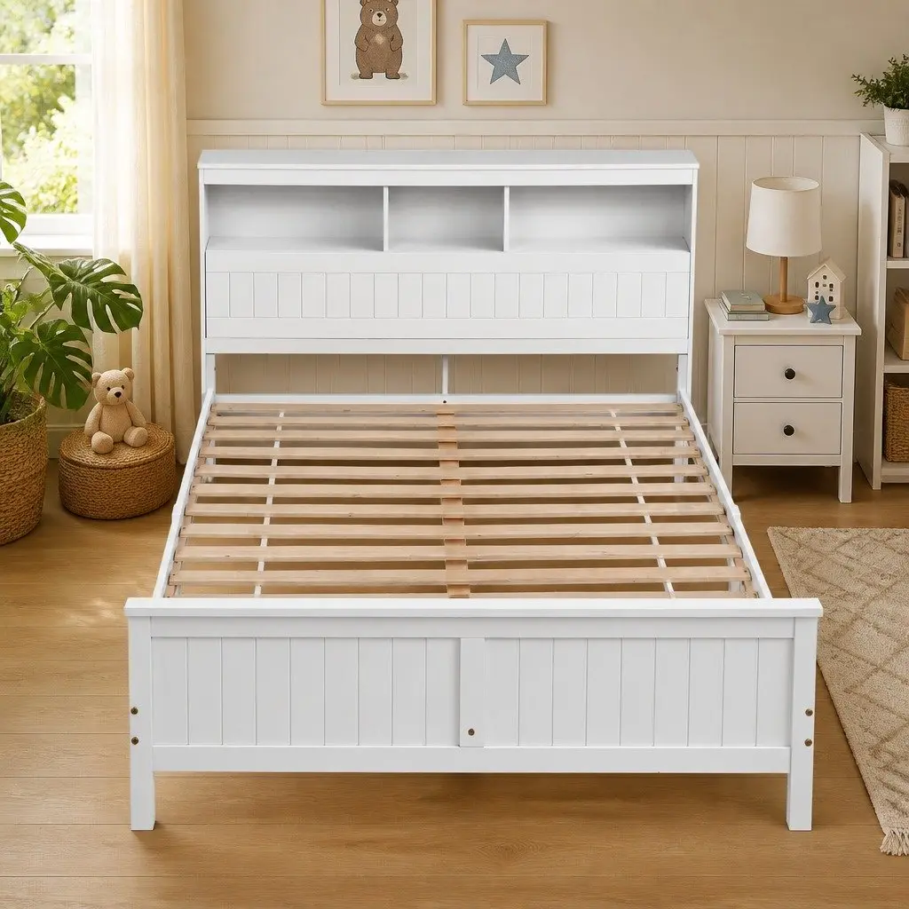 Queen Bed Frame for Bedroom with Storage Headboard and Footboard Wooden Bed Base White
