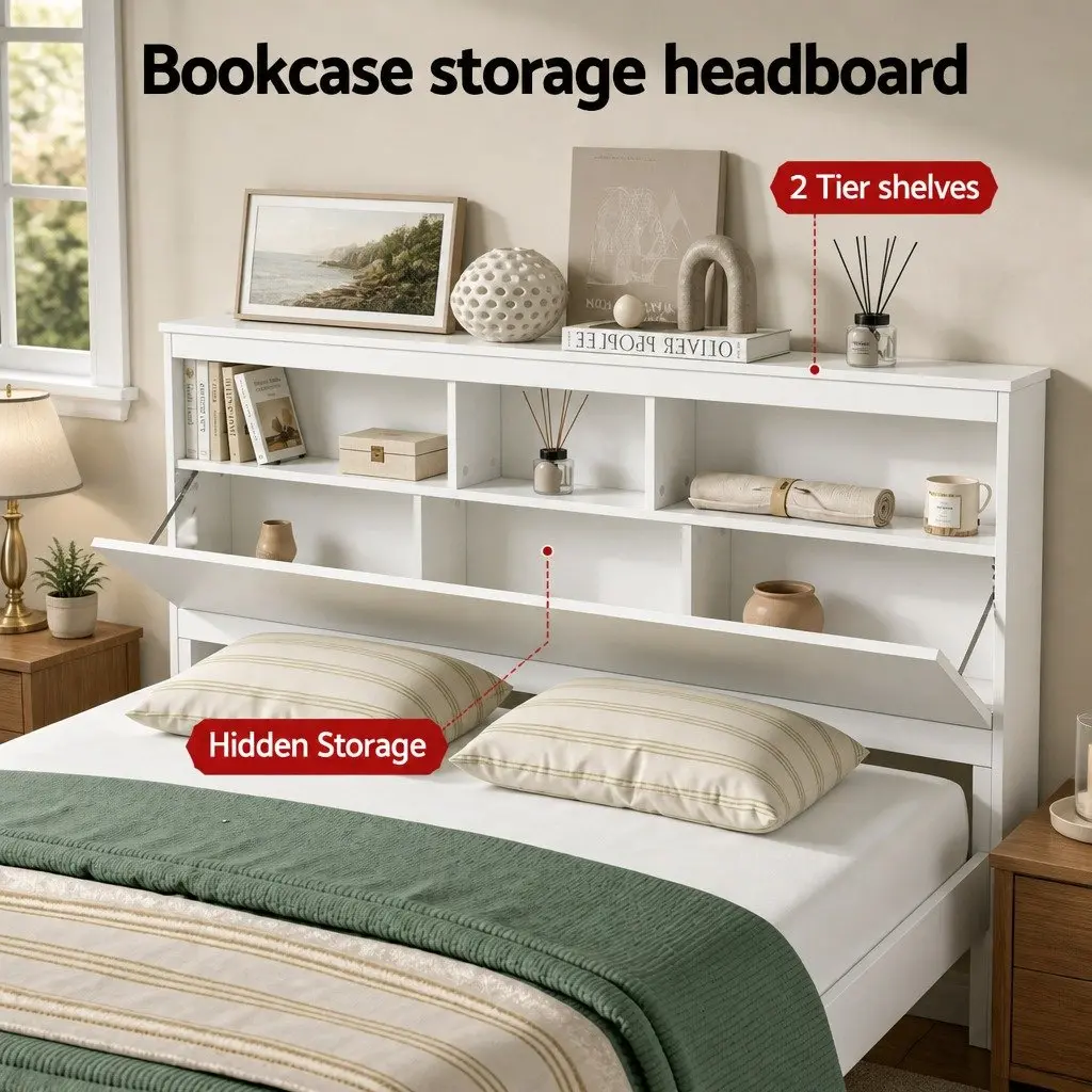 Queen Bed Frame for Bedroom with Storage Headboard and Footboard Wooden Bed Base White