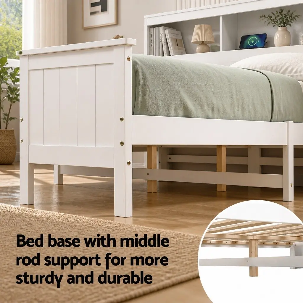 Queen Bed Frame for Bedroom with Storage Headboard and Footboard Wooden Bed Base White