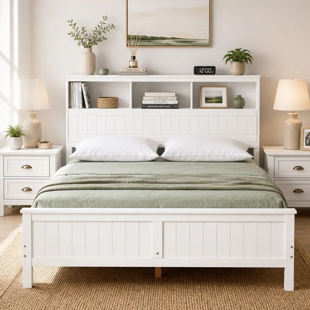 Queen Bed Frame for Bedroom with Storage Headboard and Footboard Wooden Bed Base White