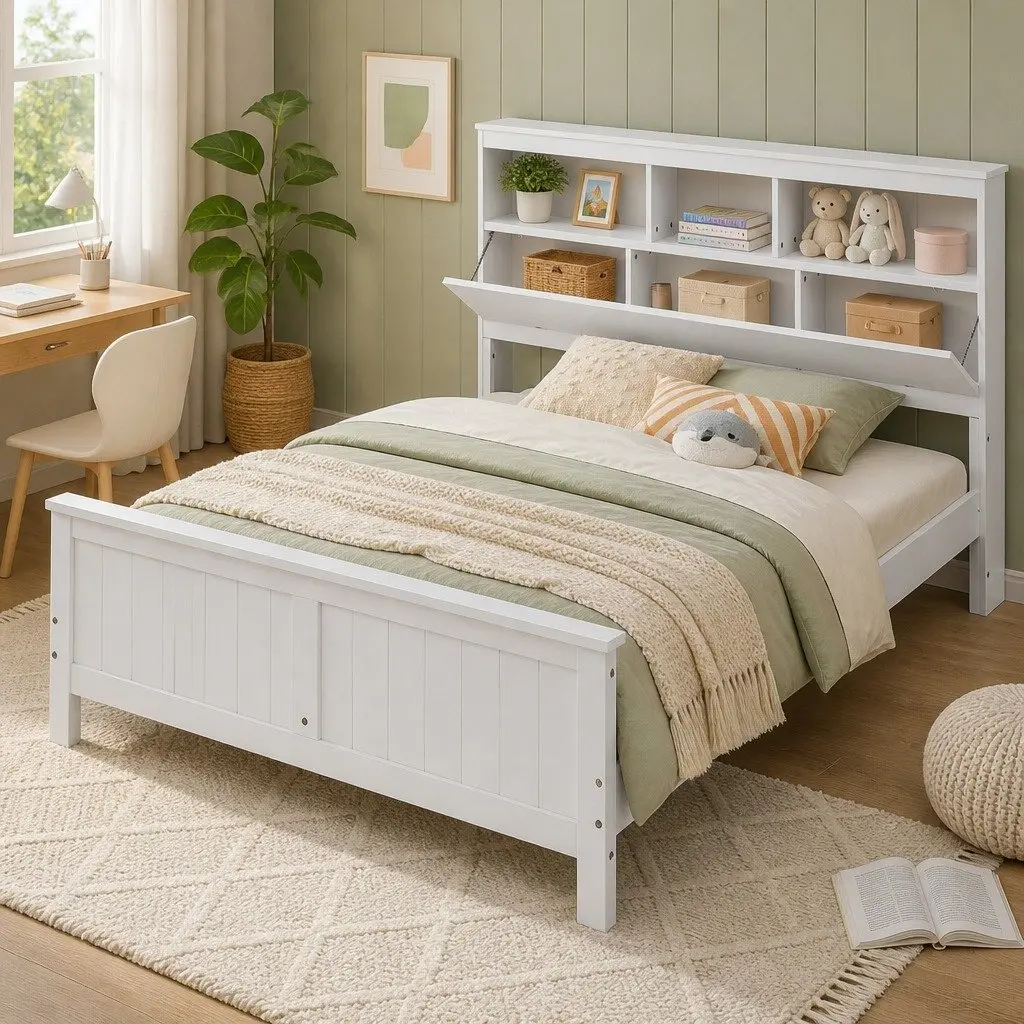 Queen Bed Frame for Bedroom with Storage Headboard and Footboard Wooden Bed Base White