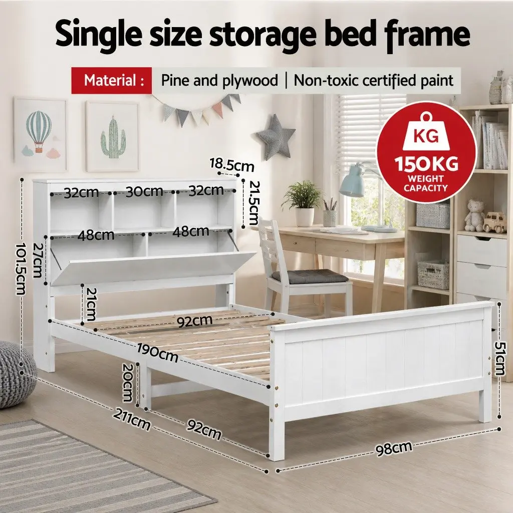 Single Bed Frame with Storage Headboard Footboard Wooden Bed Base White 211cm x 98cm x 101.5cm