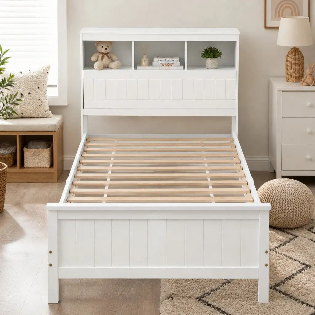 Single Bed Frame with Storage Headboard Footboard Wooden Bed Base White 211cm x 98cm x 101.5cm