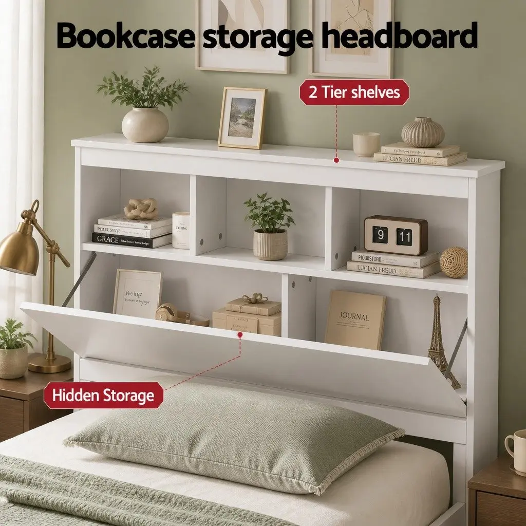 Single Bed Frame with Storage Headboard Footboard Wooden Bed Base White 211cm x 98cm x 101.5cm