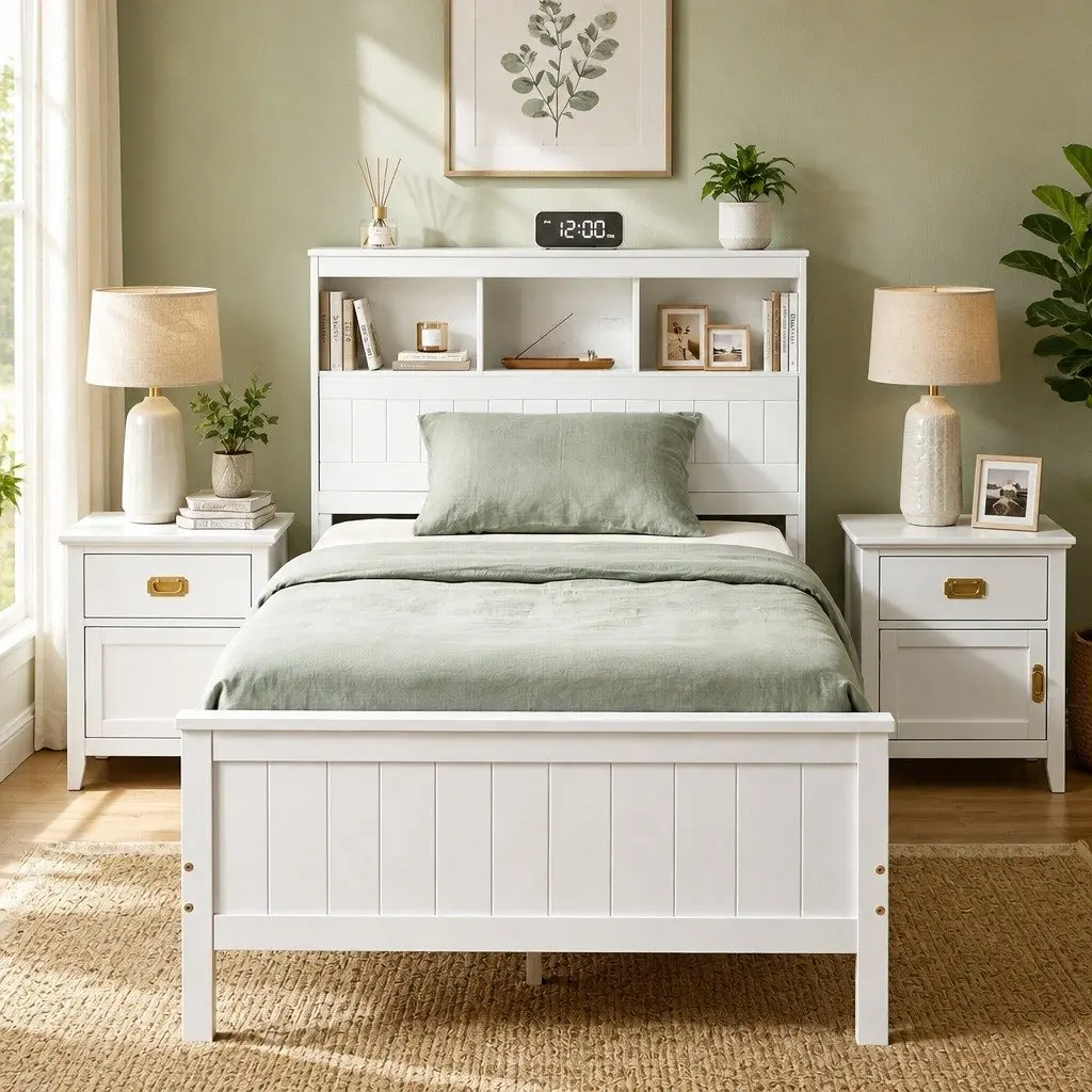 Single Bed Frame with Storage Headboard Footboard Wooden Bed Base White 211cm x 98cm x 101.5cm