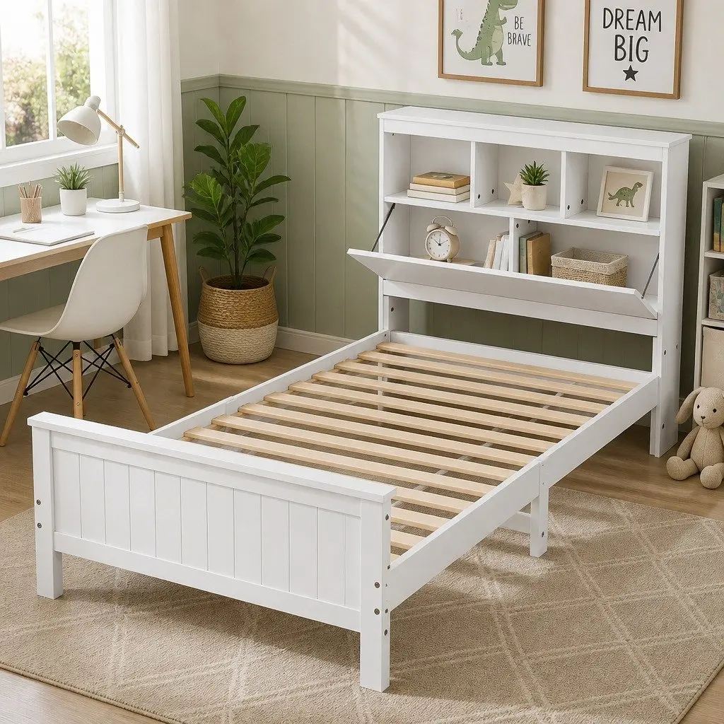 Single Bed Frame with Storage Headboard Footboard Wooden Bed Base White 211cm x 98cm x 101.5cm