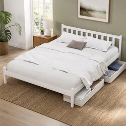 Pine Wood Double Bed Frame with Two Storage Drawers