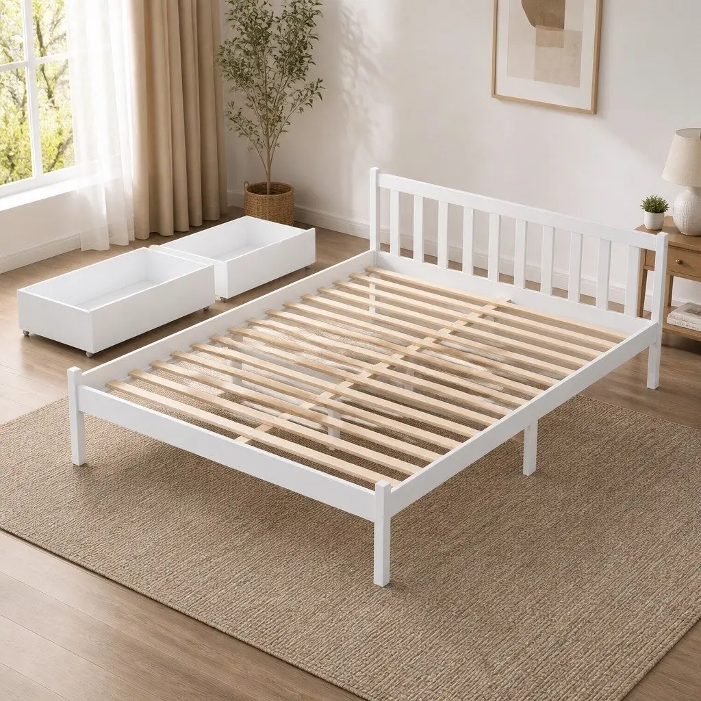 Double Bed Frame Wooden Platform Storage Drawers White Bedroom Furniture