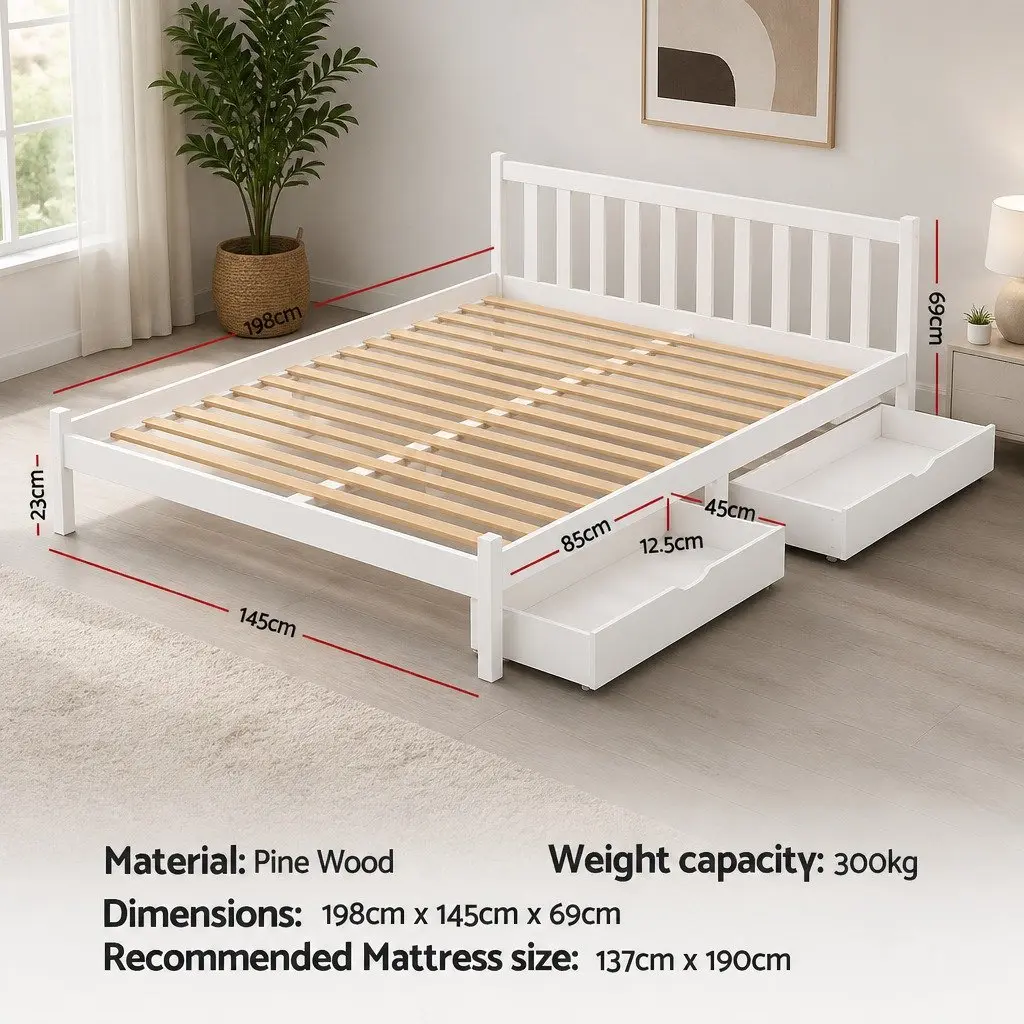 Double Bed Frame Wooden Platform Storage Drawers White Bedroom Furniture
