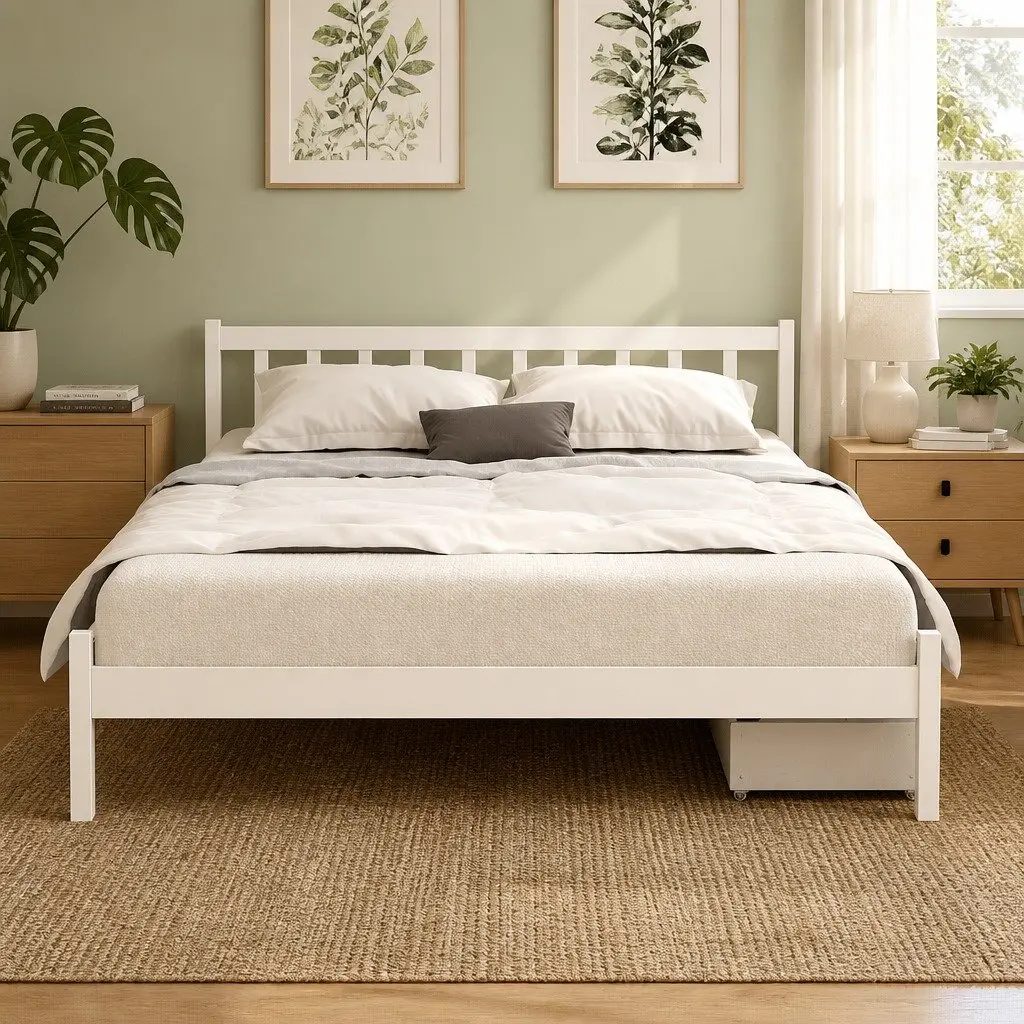 Double Bed Frame Wooden Platform Storage Drawers White Bedroom Furniture