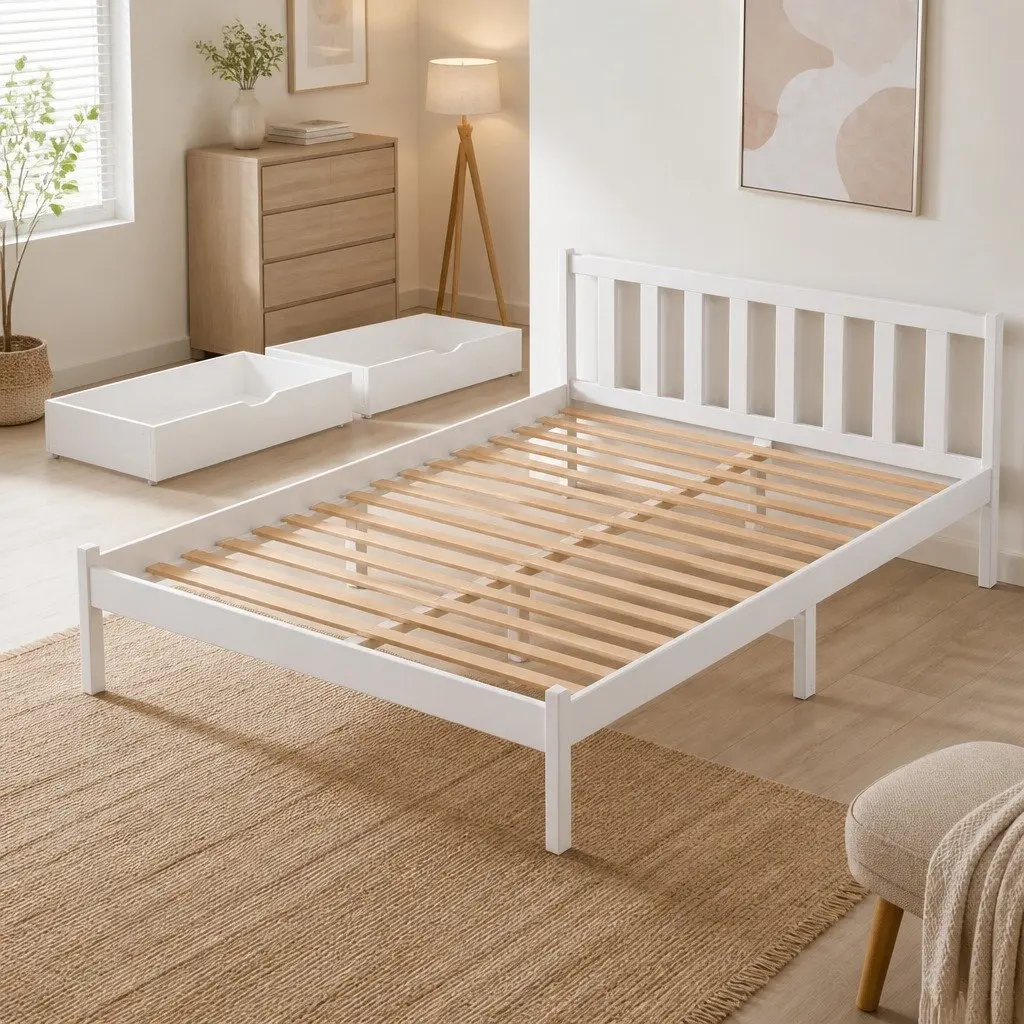 Queen Size Bed Frame Wooden Platform with 2 Storage Drawers White Bedroom