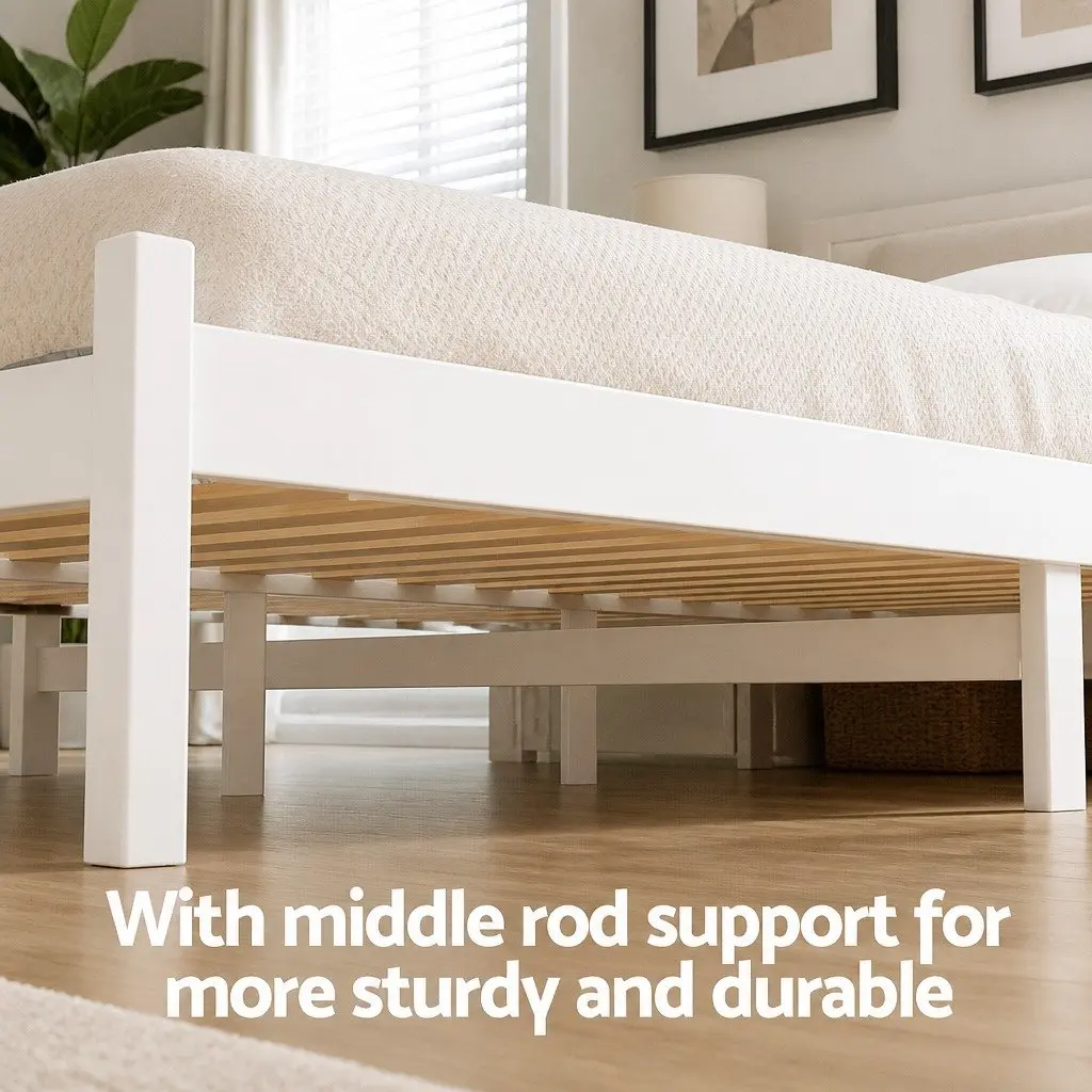 Queen Size Bed Frame Wooden Platform with 2 Storage Drawers White Bedroom