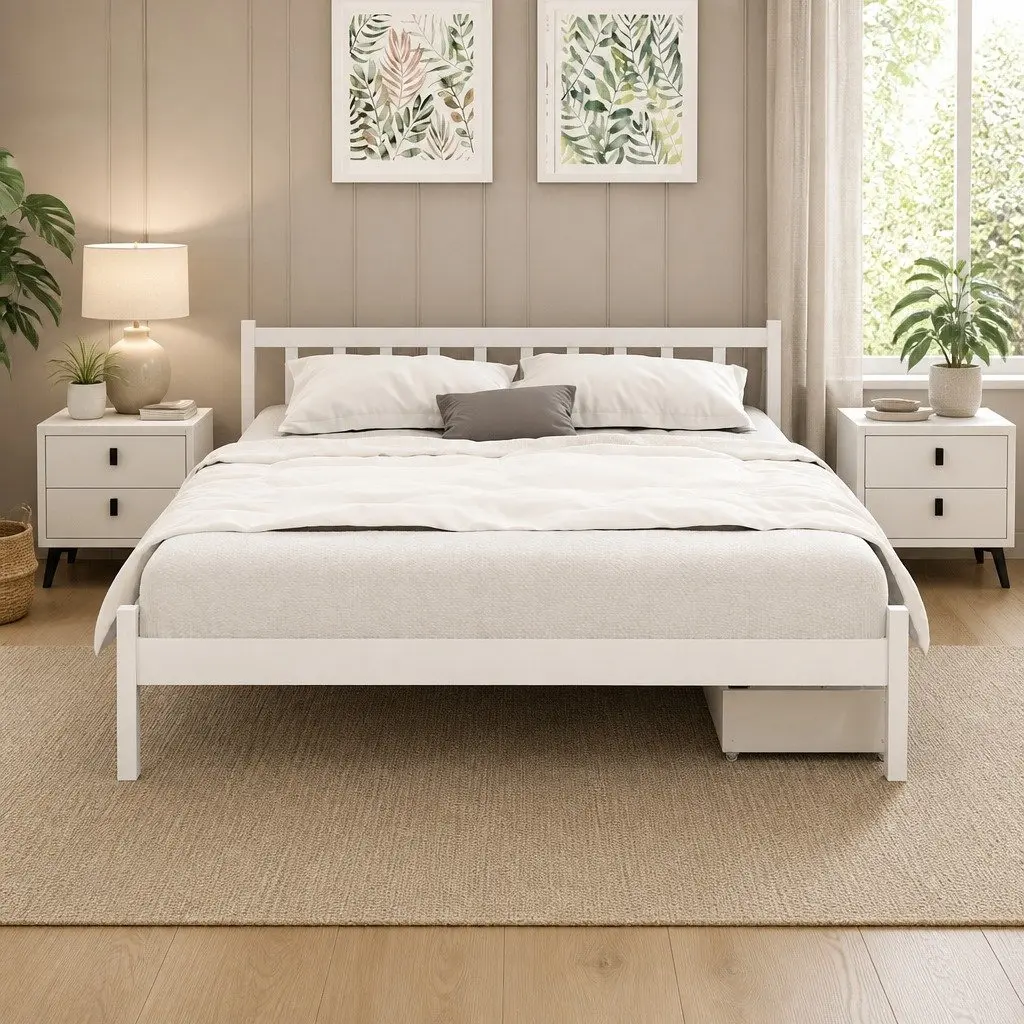 Queen Size Bed Frame Wooden Platform with 2 Storage Drawers White Bedroom