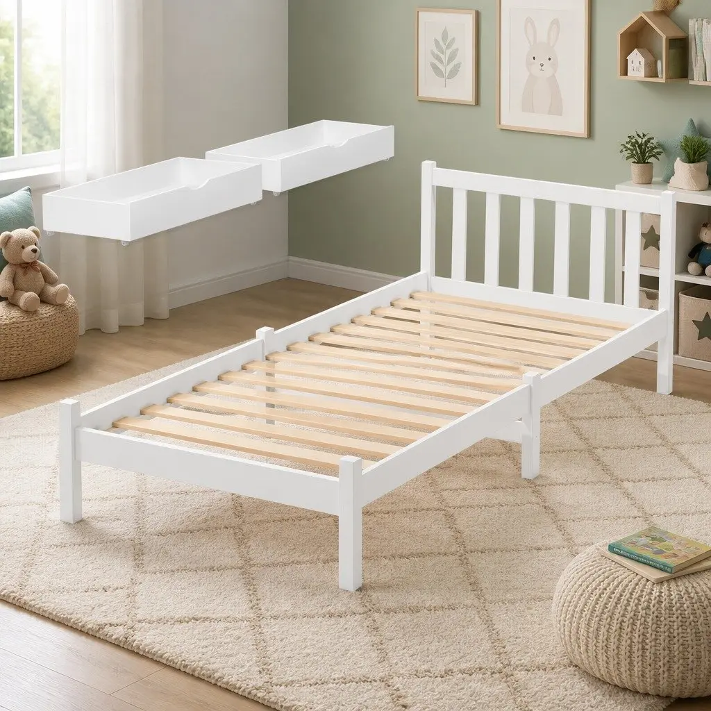 Single Bed Frame Wooden Platform Storage Drawers White Bedroom Furniture