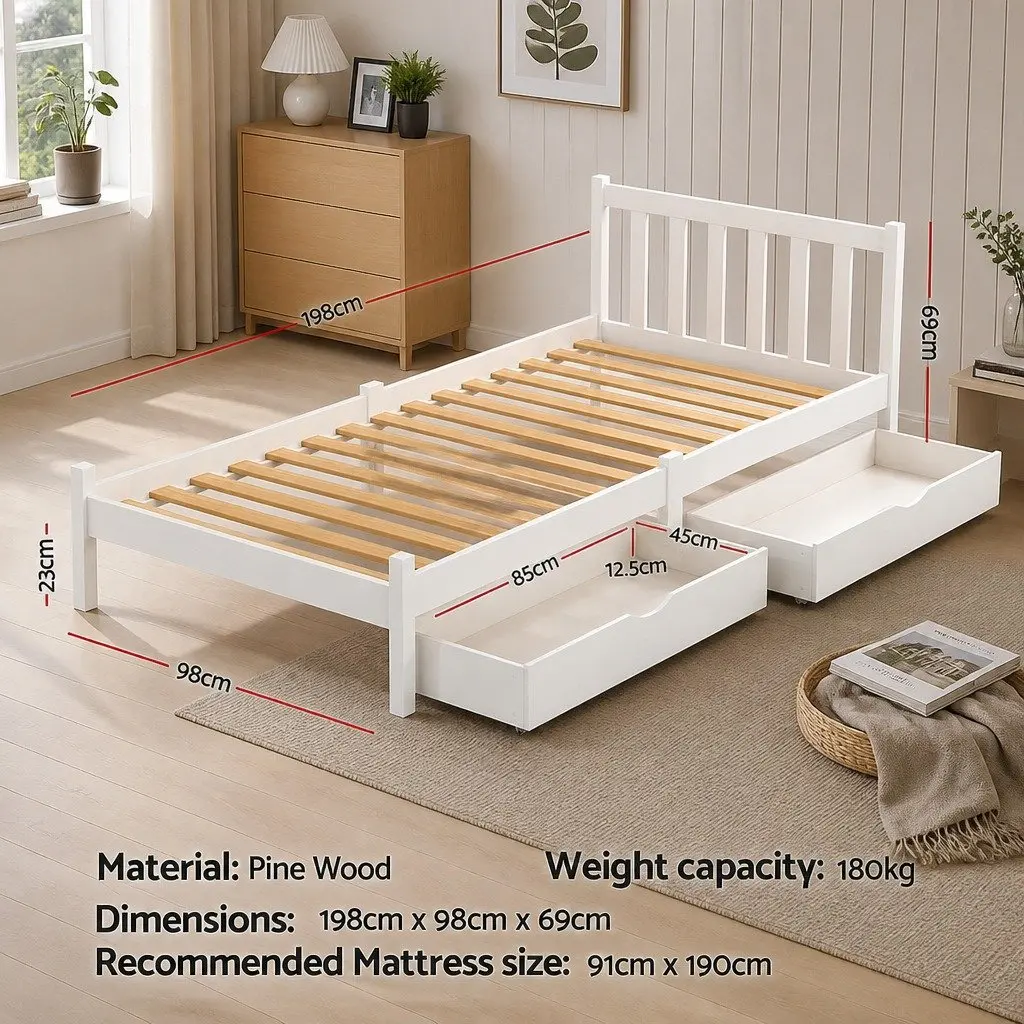 Single Bed Frame Wooden Platform Storage Drawers White Bedroom Furniture