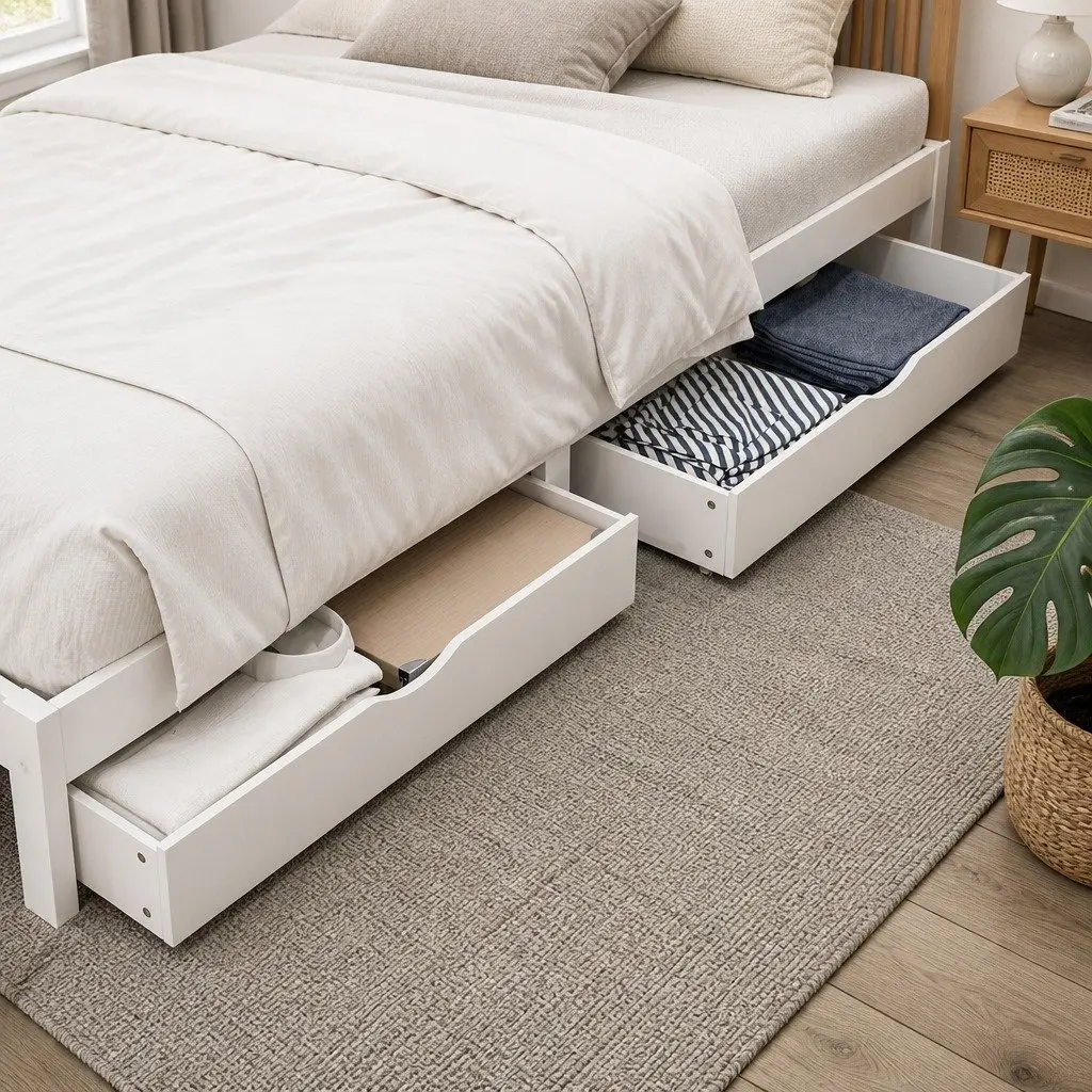 Single Bed Frame Wooden Platform Storage Drawers White Bedroom Furniture