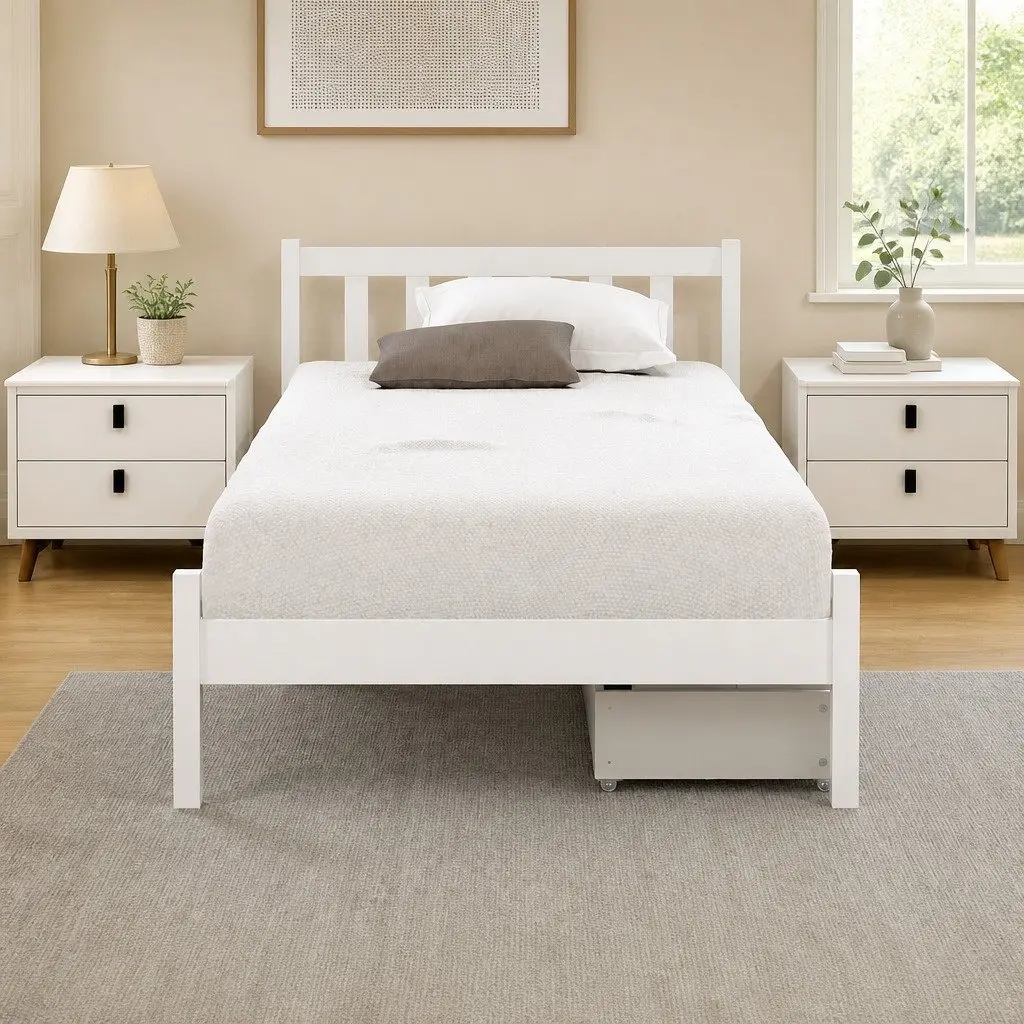 Single Bed Frame Wooden Platform Storage Drawers White Bedroom Furniture