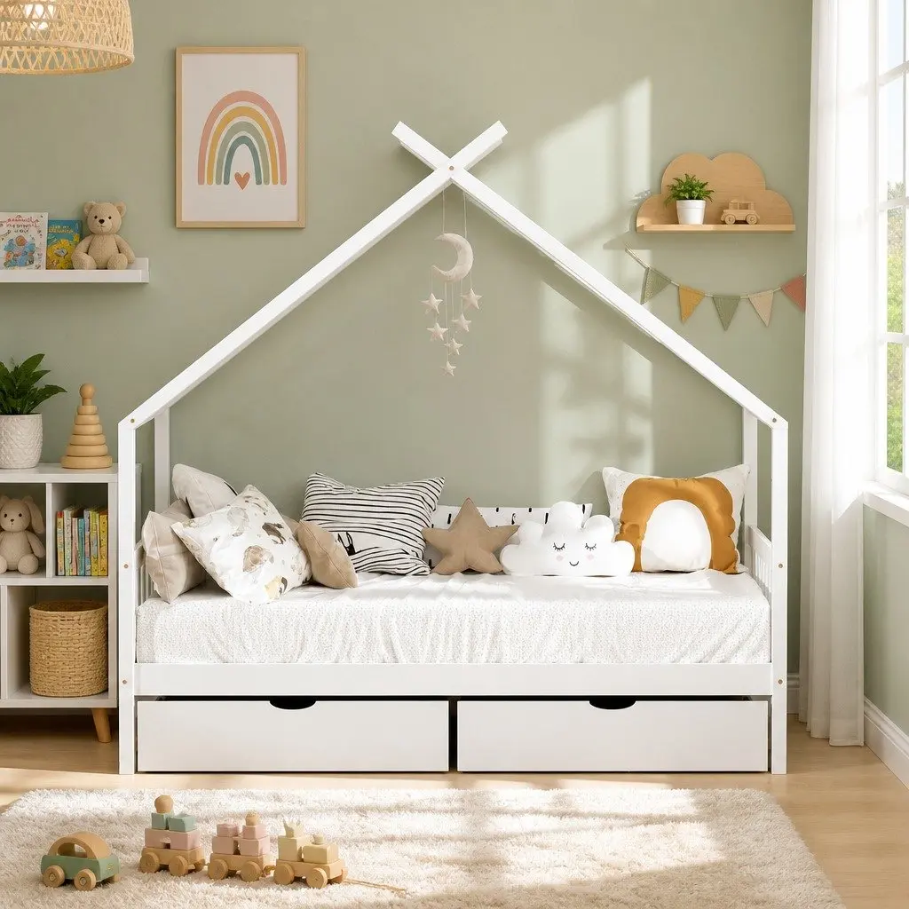 Kids Single Bed Frame House Design White Wooden with 2 Storage Drawers