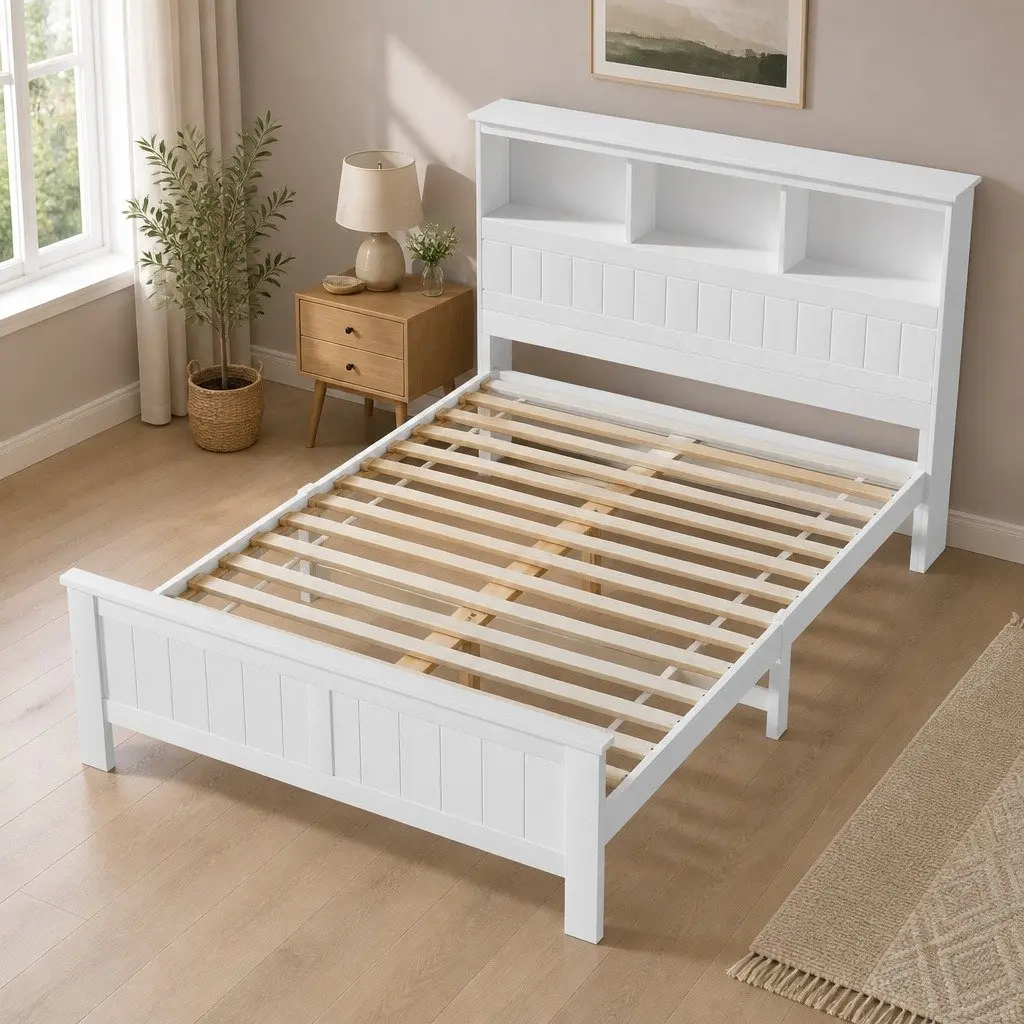 Double Bed Frame with 3 Storage Shelves Headboard White Wooden Bedroom Bed